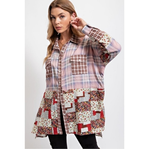 Easel Blush Mix N Match Print Button Down Oversized Loose Fit Plaid Shirt - Picture 1 of 7